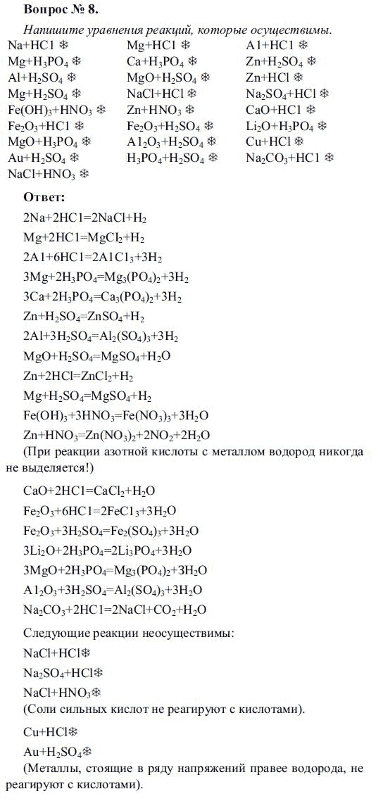 Напишите уравнения осуществимых реакций