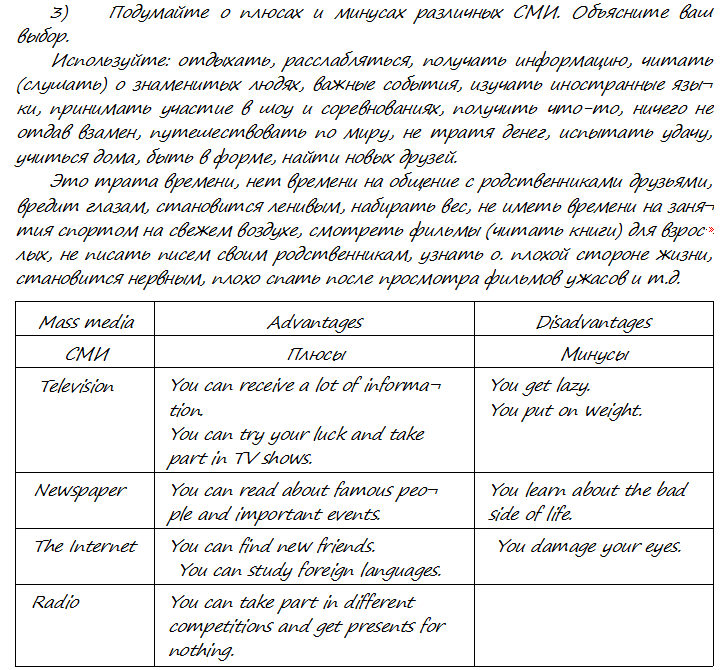 Английский язык 8 класс страница 63. Плюсы и минусы СМИ на английском. Плюсы и минусы Mass Media на английском. Минусы СМИ на английском с переводом. Письмо по английскому средства массовой информации.