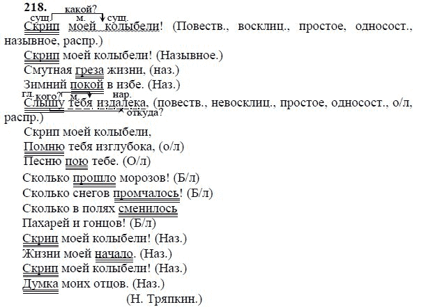 Стих скрип. Русский язык 8 класс ладыженская номер 218. Ладыженская 8 класс русский язык 218. Скрип моей колыбели синтаксический разбор. Стихотворение скрип моей колыбели.