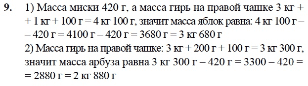 Масса пустой миски равна 420 г найди по рисункам массу яблок и массу арбуза